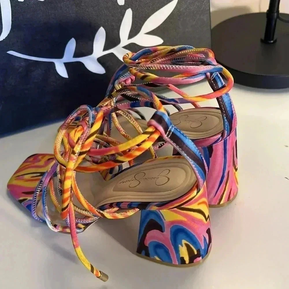 Jessica Simpson Printed Strappy Ankle Wrap Sandals New - Picture 3 of 5